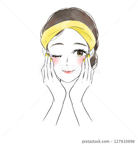 一位女士用雙手托住臉頰洗臉的插圖 一位女士用雙手托住臉頰洗臉的插圖 127810896