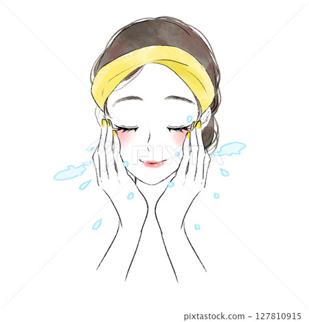 Illustration of a woman washing her face with water splashes Illustration of a woman washing her face with water splashes 127810915