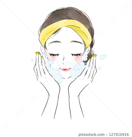 Illustration of a woman gently washing her face with foam Illustration of a woman gently washing her face with foam 127810916