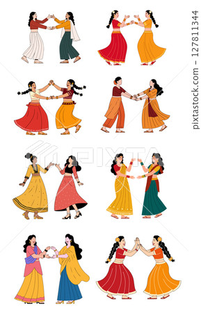Indian Women Dancing in Traditional Attire 127811344