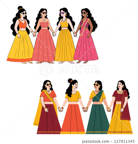 Women in Traditional Indian Attire Holding Hands 127811345