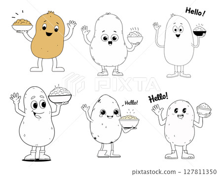 Cartoon Potatoes with Bowls of Food Cartoon Potatoes with Bowls of Food 127811350