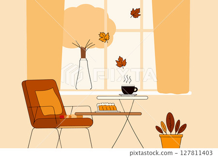 Cozy Autumn Scene with Coffee and Cake 127811403