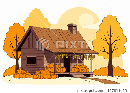 Autumnal Cabin with Pumpkins 127811413
