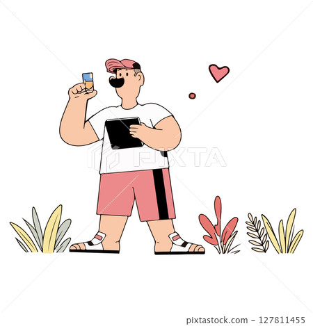 Man with Tablet and Drink in Garden Man with Tablet and Drink in Garden 127811455