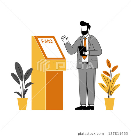 Man interacting with FAQ kiosk 127811463