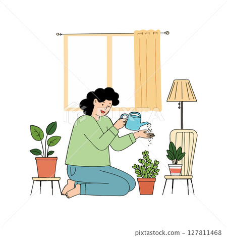 Woman Watering Plants Indoors 127811468