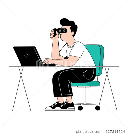 Man Using VR Headset at Desk 127811514