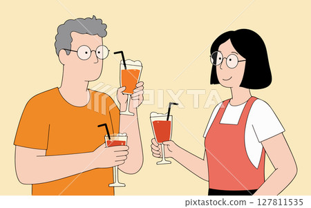 Cartoon Couple Toasting with Drinks 127811535