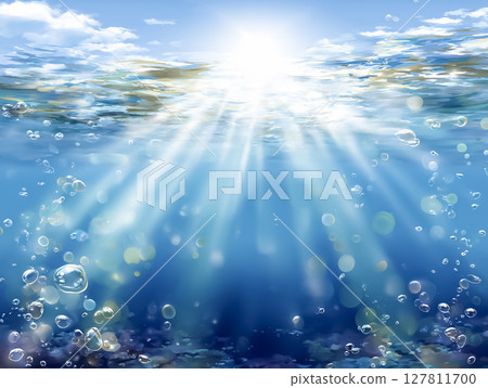 動漫風格的插圖，描繪一個人在水下仰望太陽 127811700