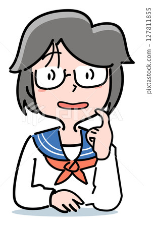 Junior high school girl with glasses - scratching cheek with finger 127811855