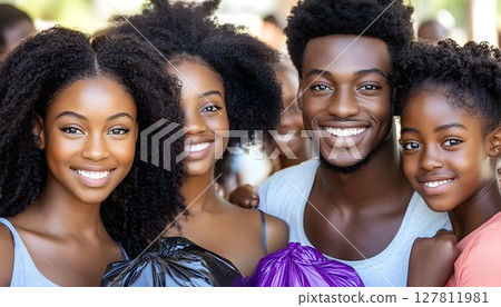 Joyful Black Family Volunteering, Holding Trash Bags Joyful Black Family Volunteering, Holding Trash Bags 127811981