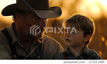 Golden Hour Portrait of Cowboy and Son at Sunset Golden Hour Portrait of Cowboy and Son at Sunset 127811990