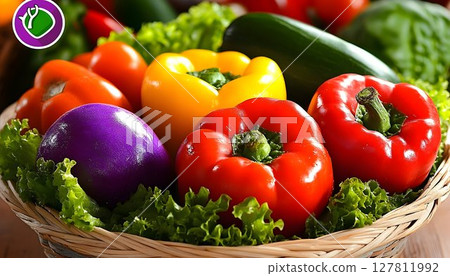 Vibrant Bell Peppers and Eggplant in Rustic Basket 127811992