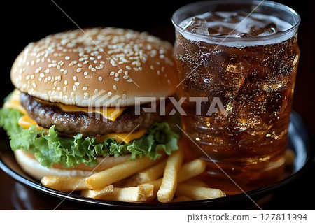 Juicy Cheeseburger with Crispy Fries and Sparkling Cola 127811994