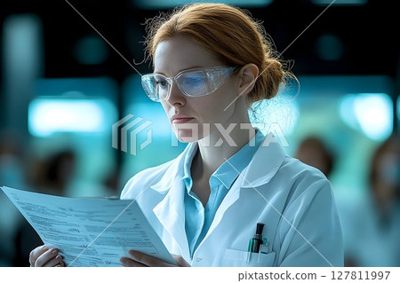 Focused Scientist Reviews Documents in Teal Lit Lab 127811997