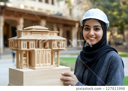 Smiling Architect Displays Intricate Wooden Model Smiling Architect Displays Intricate Wooden Model 127811998