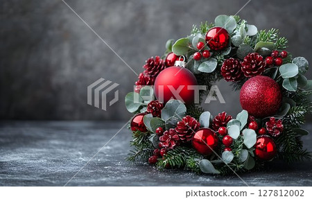 Festive Red and Green Christmas Wreath with Pine Cones 127812002