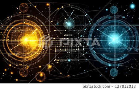 Abstract Digital Network: Interconnected Golden and Cyan Nodes Abstract Digital Network: Interconnected Golden and Cyan Nodes 127812018