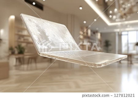 Transparent Laptop Hovers in Modern Beige Interior Transparent Laptop Hovers in Modern Beige Interior 127812021