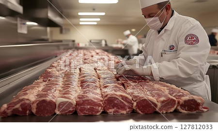 Chef in Mask Prepares Rows of Raw Meat in Commercial Kitchen Chef in Mask Prepares Rows of Raw Meat in Commercial Kitchen 127812033