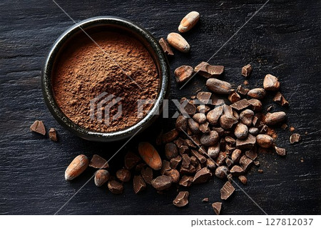 Dark Cocoa Powder and Broken Cacao Beans on Black Surface Dark Cocoa Powder and Broken Cacao Beans on Black Surface 127812037