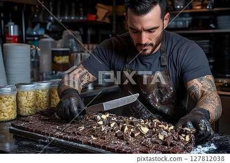 Tattooed Pastry Chef Carefully Cuts Gourmet Chocolate Bars 127812038