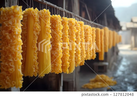 Golden Pasta Strands Air Drying in Rustic Setting 127812048