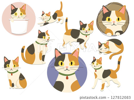 一組各種姿勢的可愛印花布貓 127812083