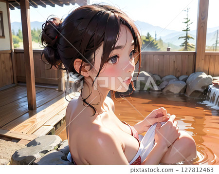 一位婦女在金色泉水中沐浴的插圖 127812463