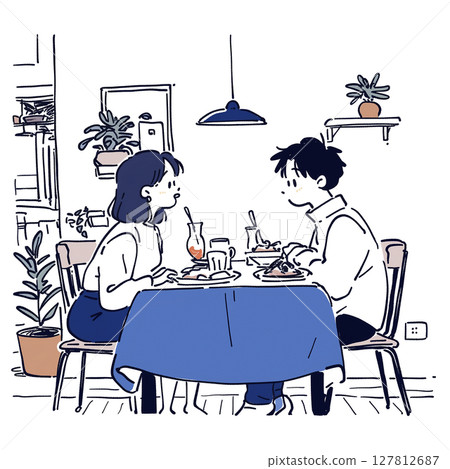 兩個人在餐桌上吃飯的插圖 127812687