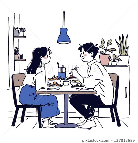 兩個人在餐桌上吃飯的插圖 127812689