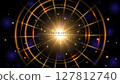 Abstract glowing gold beam with golden circle and glitter light effects decoration on dark background 127812740