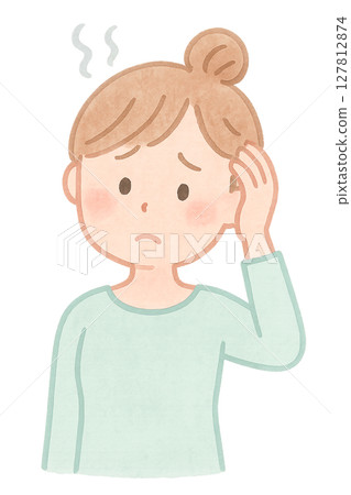 Illustration of a woman suffering from headache or poor physical condition, watercolor style, worried expression 127812874