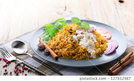 Indian food Chicken Biryani and Raita (Indian style yogurt salad) Indian food Chicken Biryani and Raita (Indian style yogurt salad) 127812987