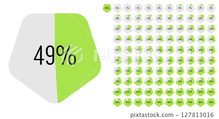 Set of pentagon percentage diagrams meters from 0 to 100 127813016