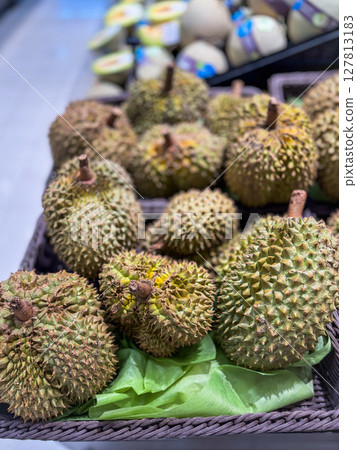 Lot of Thailand Durian for sale in the market 127813183