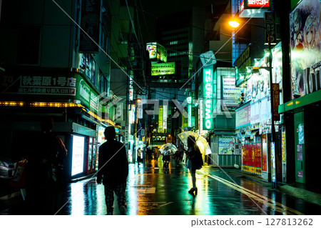 Akihabara's back alleys, the maid cafe district in the rain, and the electronics district at night Akihabara's back alleys, the maid cafe district in the rain, and the electronics district at night 127813262