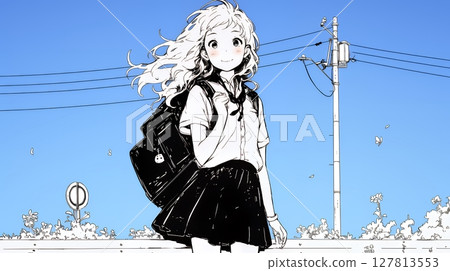 站在城市街角的年輕女子（簡單的顏色） 127813553