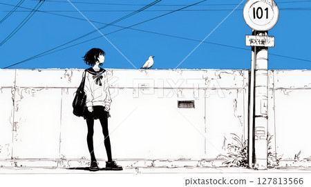A young woman standing on a city street corner (simple colors) 127813566