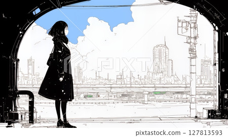 站在城市街角的年輕女子(簡單的顏色) 站在城市街角的年輕女子(簡單的顏色) 127813593