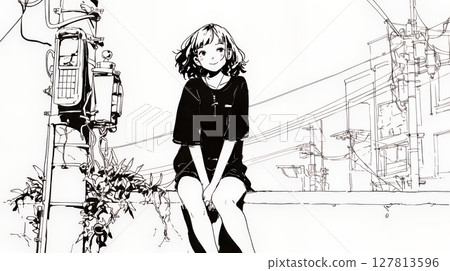A young woman standing on a city street corner (simple colors) 127813596