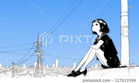 站在城市街角的年輕女子（簡單的顏色） 127813599