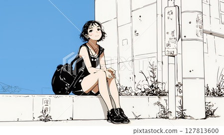 站在城市街角的年輕女子（簡單的顏色） 127813600