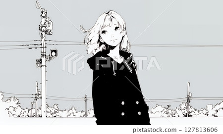 站在城市街角的年輕女子（簡單的顏色） 127813606