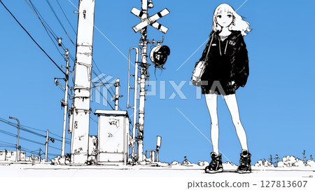 站在城市街角的年輕女子(簡單的顏色) 站在城市街角的年輕女子(簡單的顏色) 127813607