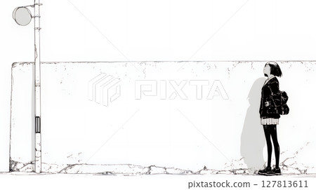 站在城市街角的年輕女子(簡單的顏色) 站在城市街角的年輕女子(簡單的顏色) 127813611