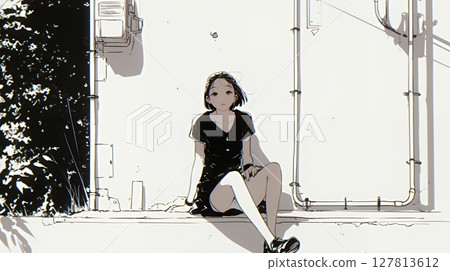 站在城市街角的年輕女子（簡單的顏色） 127813612