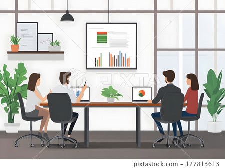 a modern office meeting room with a team discussing business strategy and sales growth 127813613