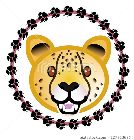 Cheetah face illustration with footprint circular decorative frame 127813685